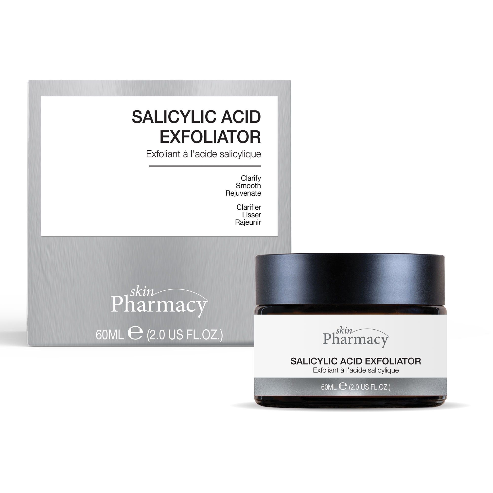 Tiegel mit Salicylsäure-Exfoliator und Verpackung. Marke: skinPharmacy. Schwarzer Deckel, graue Schrift.