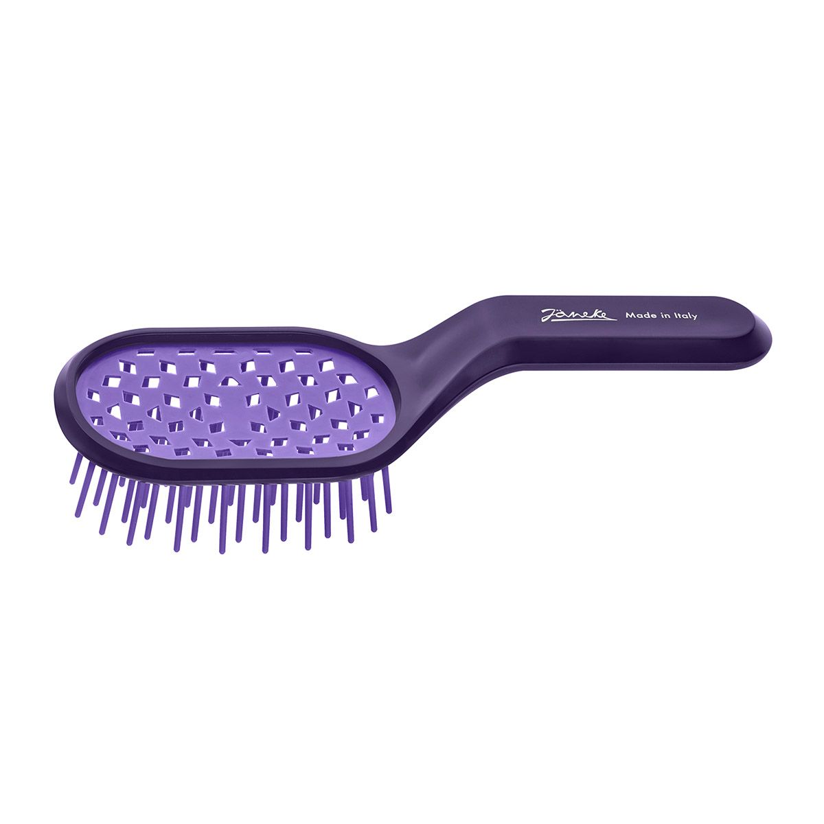 Violette Haarbürste mit Griff und belüfteter Bürstenfläche. Marke Janeke, Made in Italy.