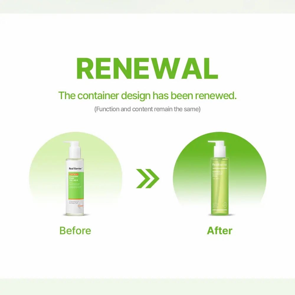 Vorher-Nachher-Vergleich. Links: Flasche mit weißem Etikett. Rechts: Grüne Flasche mit weißem Pumpverschluss. Text: RENEWAL.