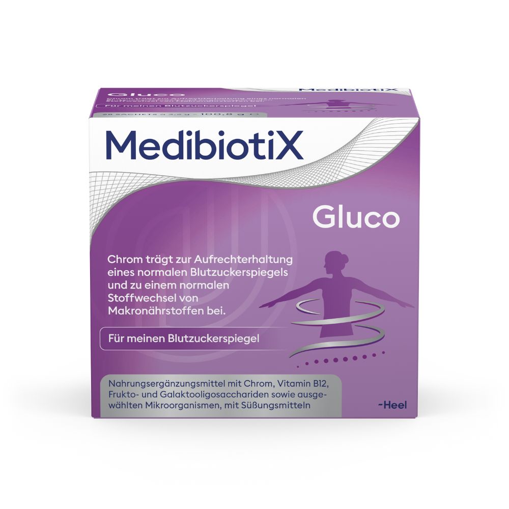 MedibiotiX Gluco-Verpackung. Lila-weiße Schachtel mit Produktnamen und Gesundheitsinformationen. Enthält eine Abbildung einer Person.