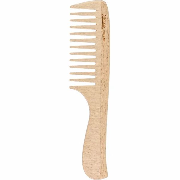 Holzkamm mit breiten Zinken und Griff. Marke Janeke, Made in Italy. Helles Holz. Vertikale Ansicht.