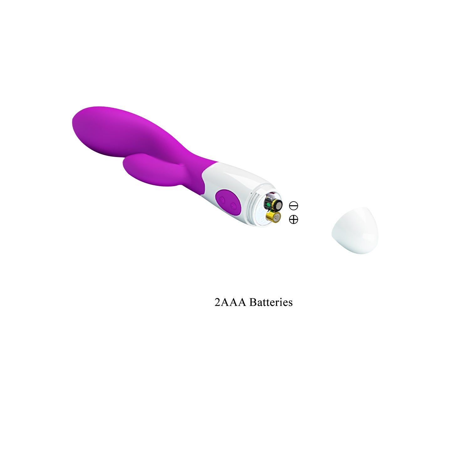 Vibrator mit geöffnetem Batteriefach. 2 AAA-Batterien. Weißer Hintergrund.