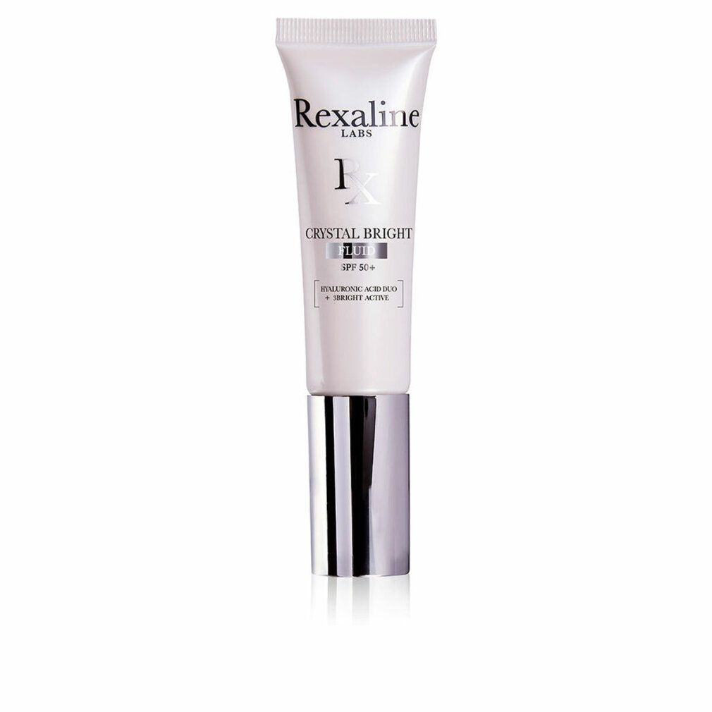 Weiße Tube mit silbernem Deckel. Aufschrift: Rexaline Labs, Crystal Bright Fluid SPF50+. Enthält Hyaluronsäure Duo + Bright Active.