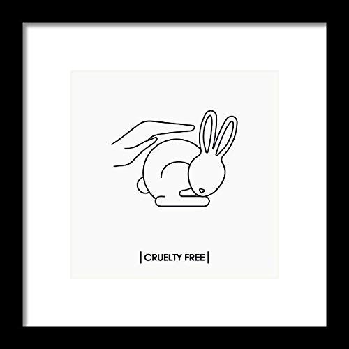 Rahmen mit schwarz-weißer Zeichnung. Hand tätschelt Kaninchen. Schriftzug: CRUELTY FREE.