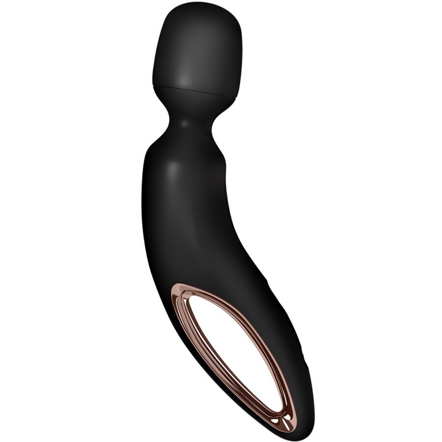 Schwarzer Stab-Massager mit rosévergoldeter ovaler Aussparung und ergonomischem Griff.