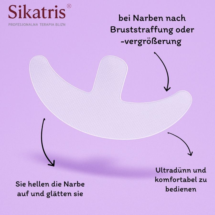 Ankerförmiges Silikonpflaster. Text: bei Narben nach Brustvergrößerung oder -verkleinerung. Hellt Narben auf und glättet sie. Ultradünn und komfortabel.