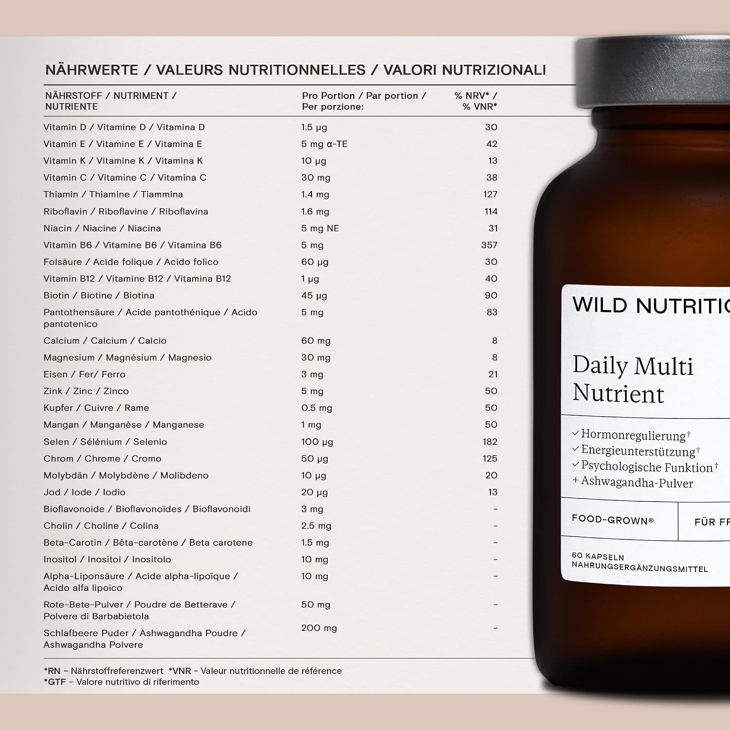 Braune Glasflasche mit Wild Nutrition Daily Multi Nutrient für Frauen. 60 Kapseln.