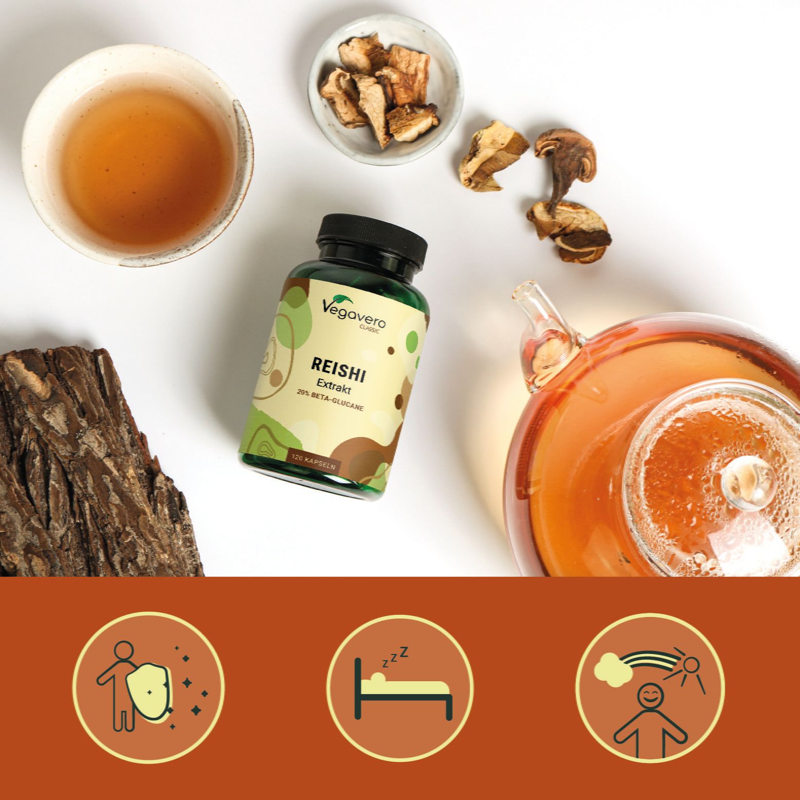 Flasche mit Kapseln, Reishi Extrakt. Daneben: Tee, Pilze, Holzstück. Icons: Immunsystem, Schlaf, Wohlbefinden.