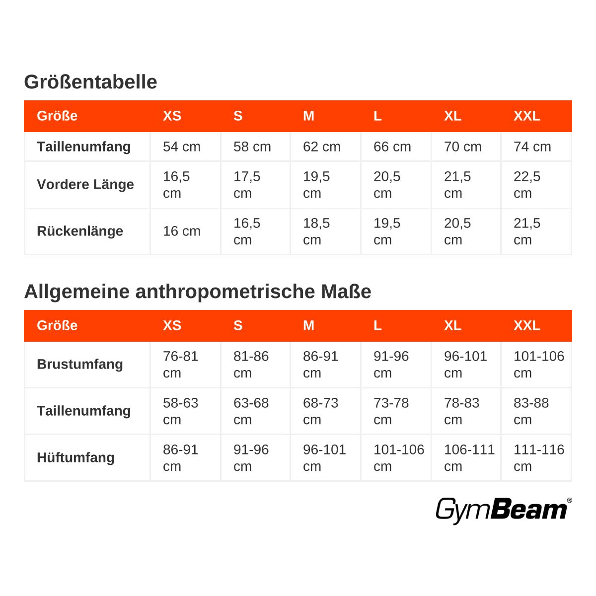 Größentabelle und anthropometrische Maße für GymBeam Produkte.
