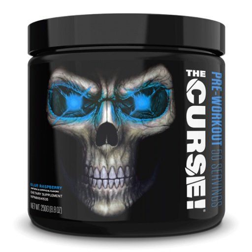 JNX Sports The Curse! Blue Raspberry Pre-Workout Dose mit Totenkopf-Design und blauen Augen.