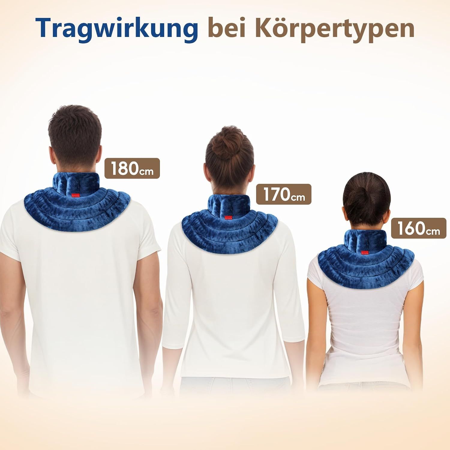 Drei Personen unterschiedlicher Größe tragen ein blaues Nackenkissen, das die Passform zeigt.
