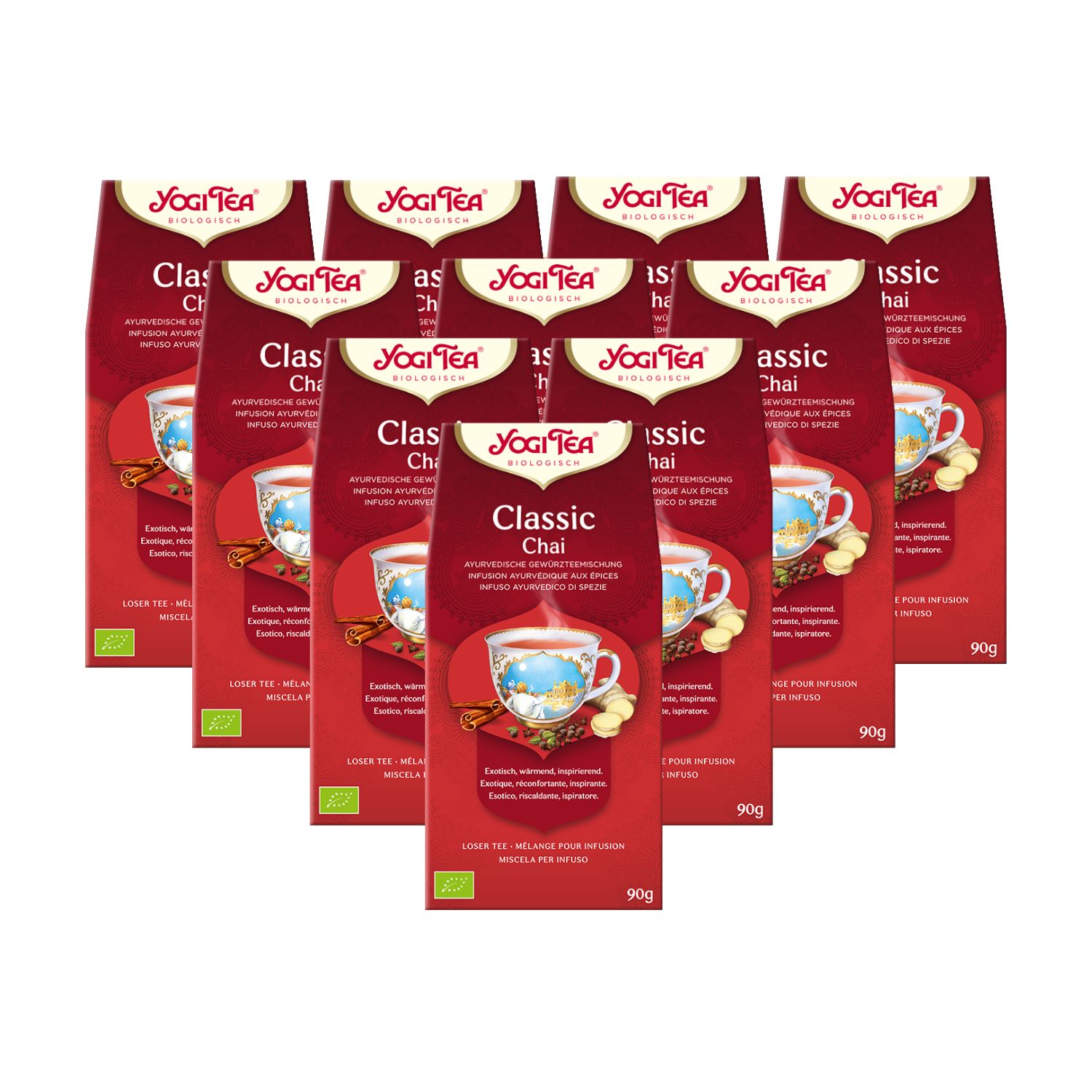 Mehrere Packungen Yogi Tea Classic Chai. Rote Verpackung mit Logo, Tasse, Gewürzen und Text. Bio-Siegel.