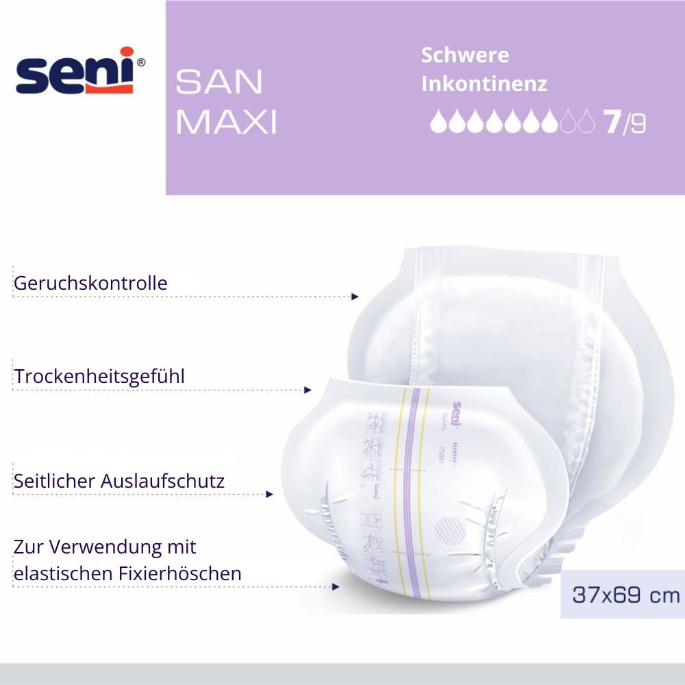 Seni San Maxi Inkontinenzeinlage. Produktabbildung mit Text: Schwere Inkontinenz, Geruchskontrolle, Trockenheitsgefühl, Seitlicher Auslaufschutz.