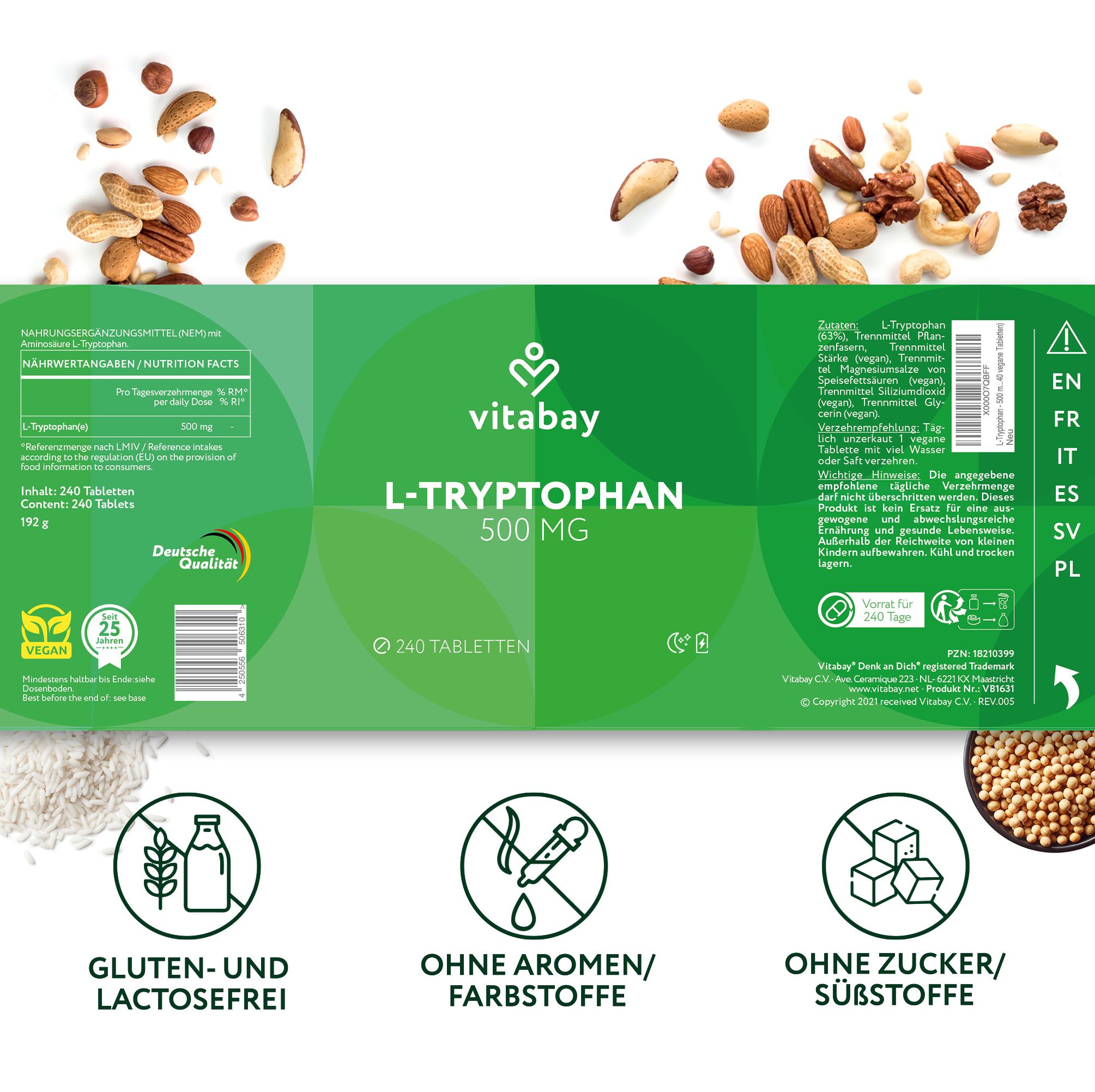 Etikett von L-Tryptophan 500 mg. Logo von Vitabay. Text: 240 Tabletten. Zertifizierungen.