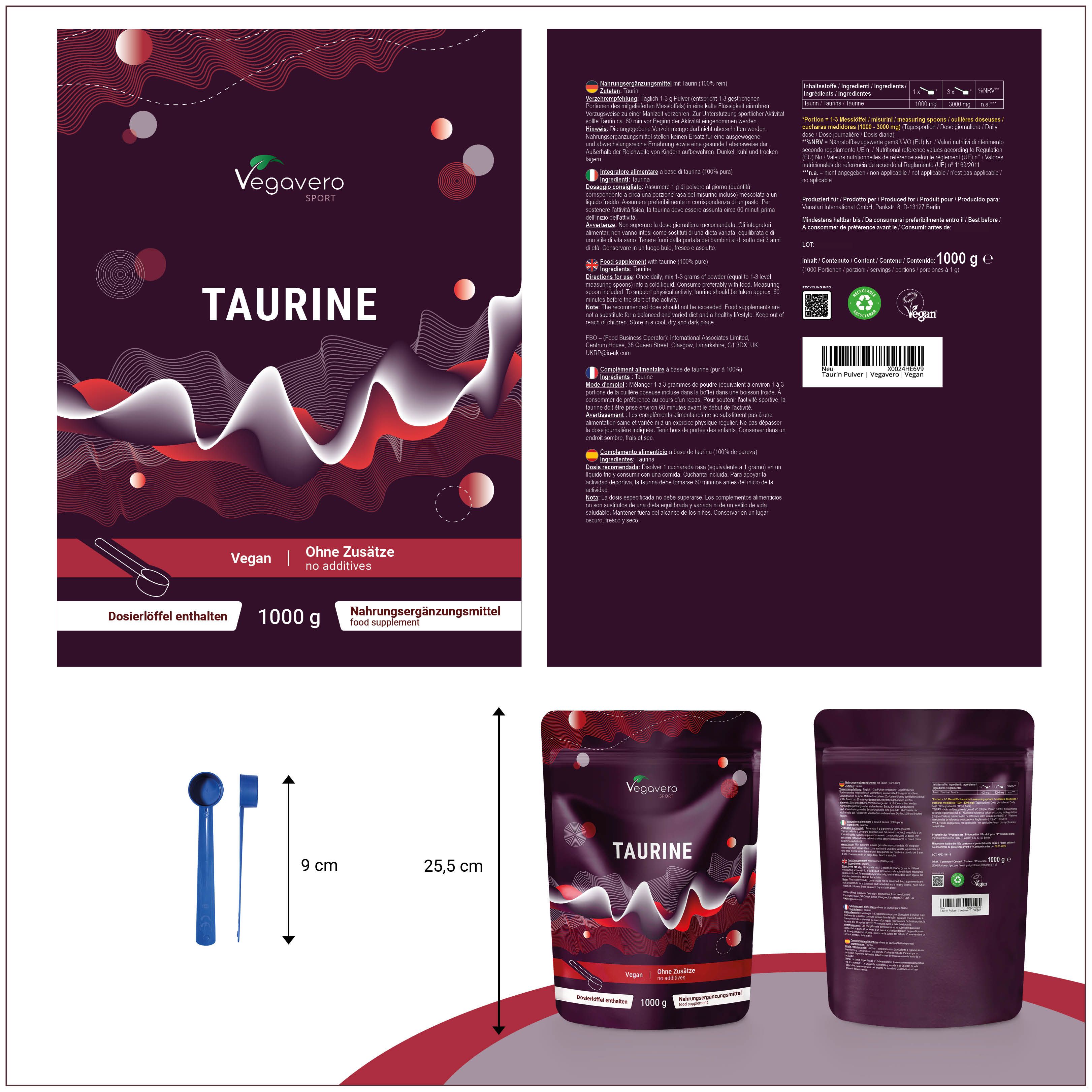 Produktverpackung mit VEGAVERO Taurin Pulver. Aufschrift: TAURINE, 1000 g. Maße: 25,5 cm hoch, 9 cm breit. Inkl. Dosierlöffel und Bürste.