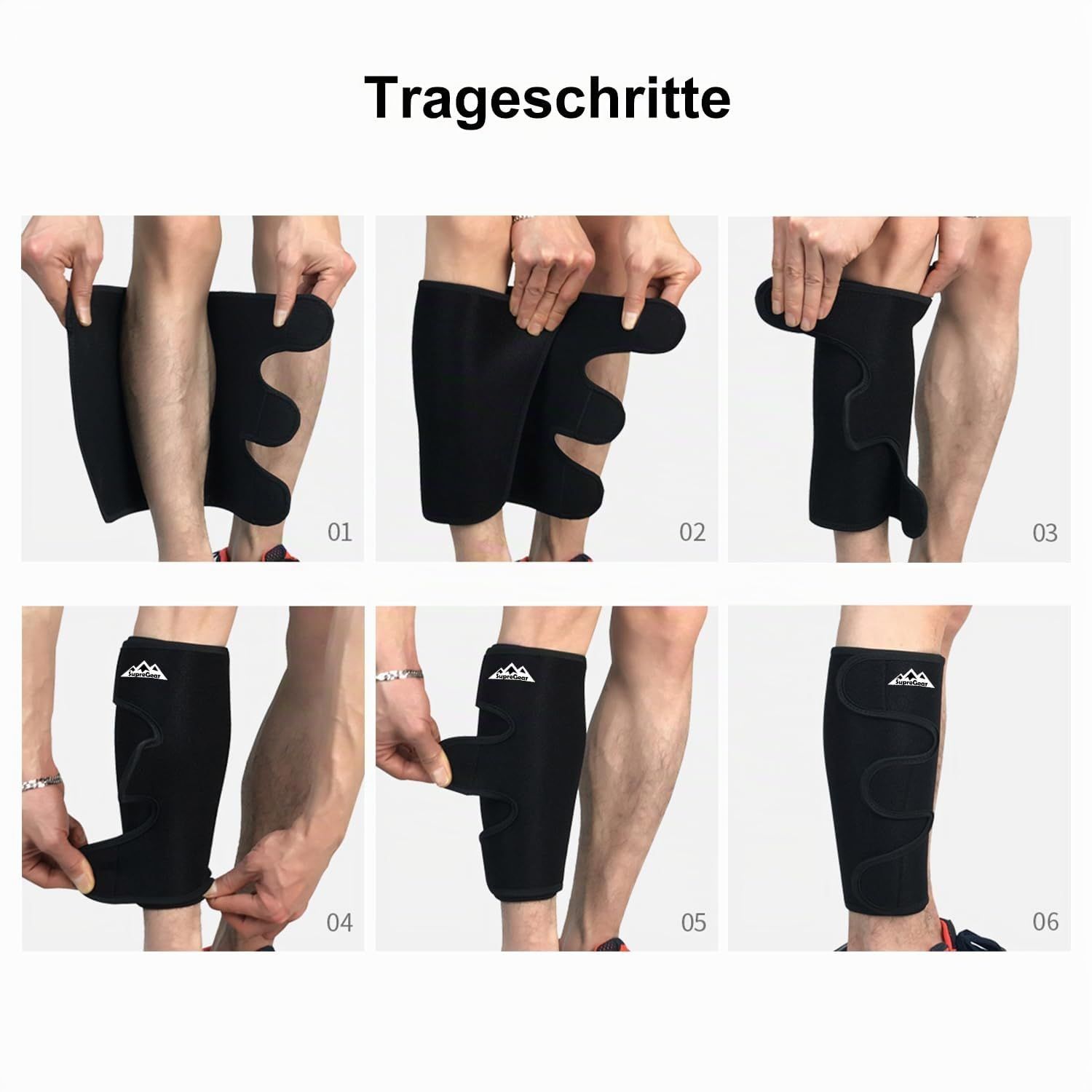 Schwarze Wadenbandage mit gewelltem Klettverschluss, getragen von einer Person im Fitnessstudio.