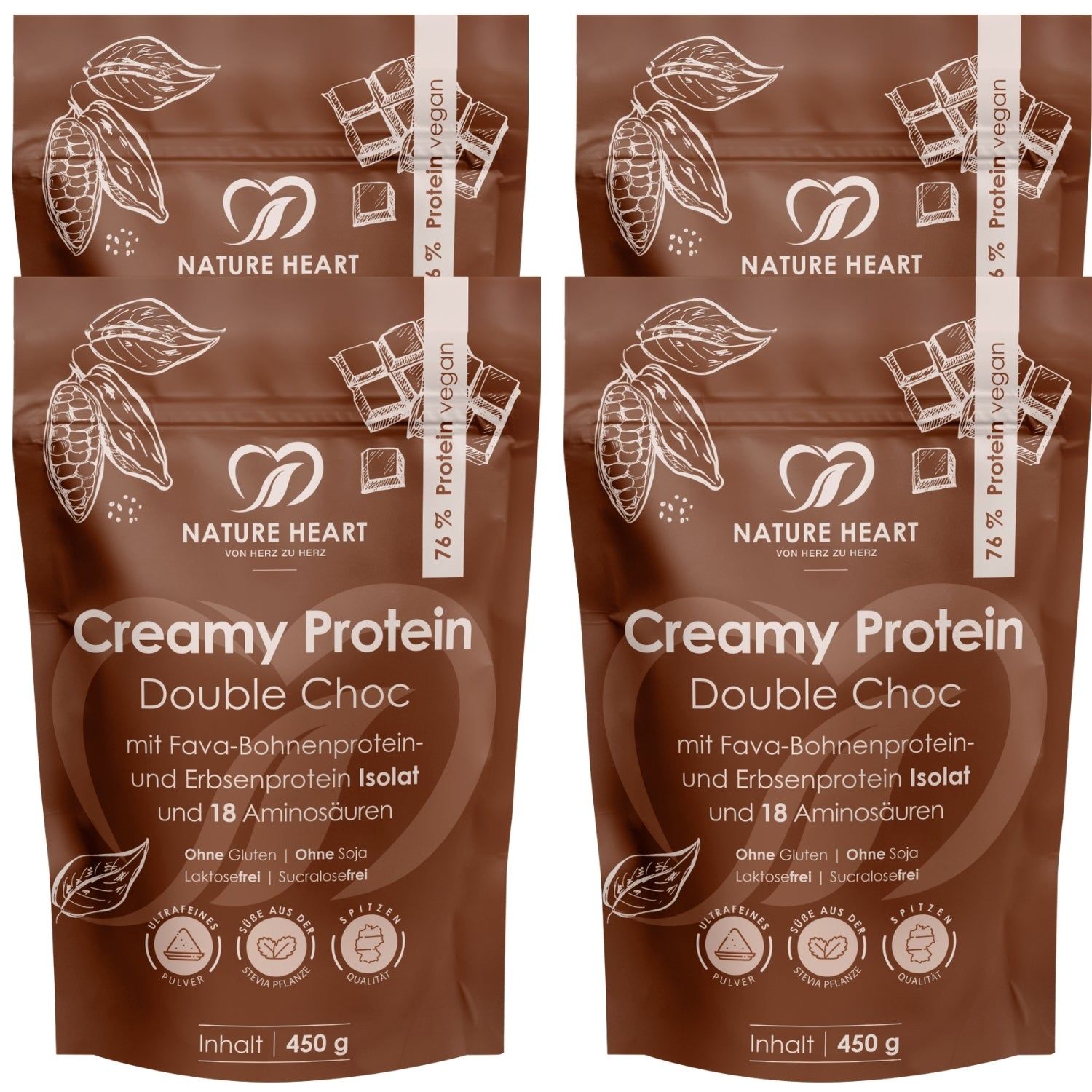 Nature Heart Creamy Protein Double Choc Beutel, 450g. Mit Fava-Bohnenprotein und Erbsenprotein.