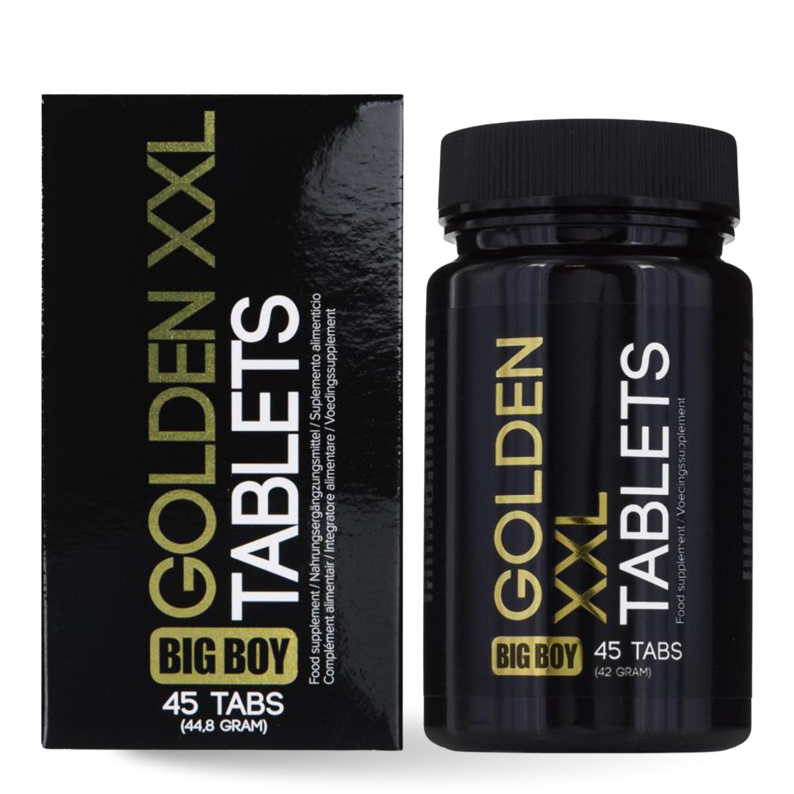 Schwarze Tablettenbox und -flasche. Aufschrift: GOLDEN XXL TABLETS, BIG BOY, 45 Tabs. Nahrungsergänzungsmittel.