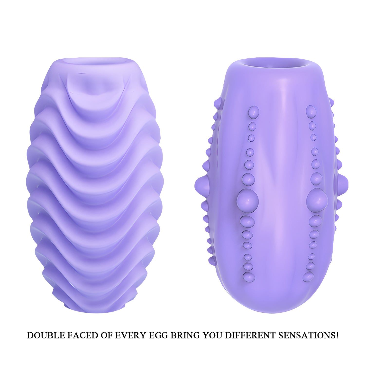 Zweigeteiltes, lila Produkt in Eiform. Eine Seite mit Wellen, die andere mit Noppen. Für intime Zwecke.