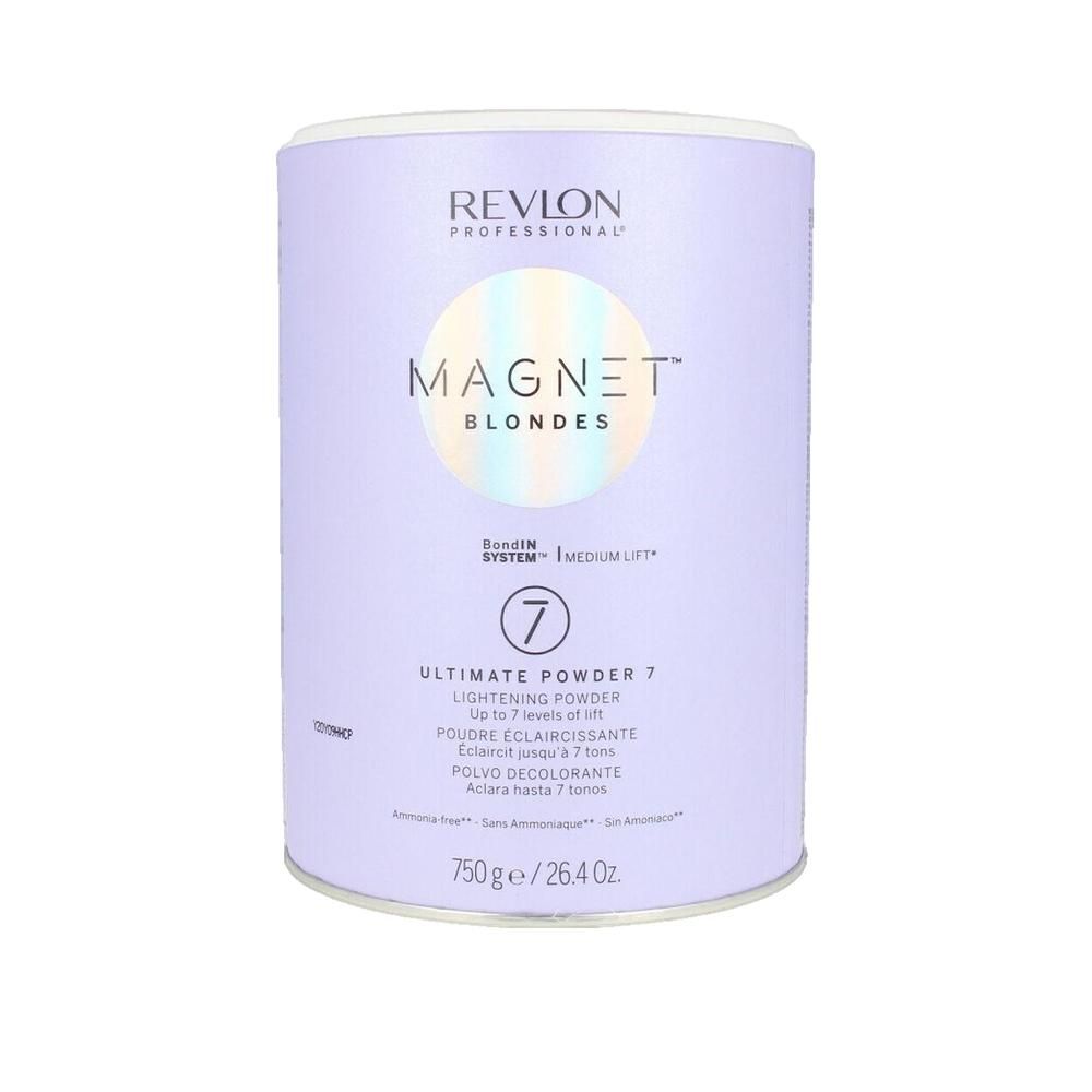 Zylindrische Dose mit Produkt. Aufschrift: Revlon Magnet Blondes, Ultimate Powder 7. Inhalt: 750g.