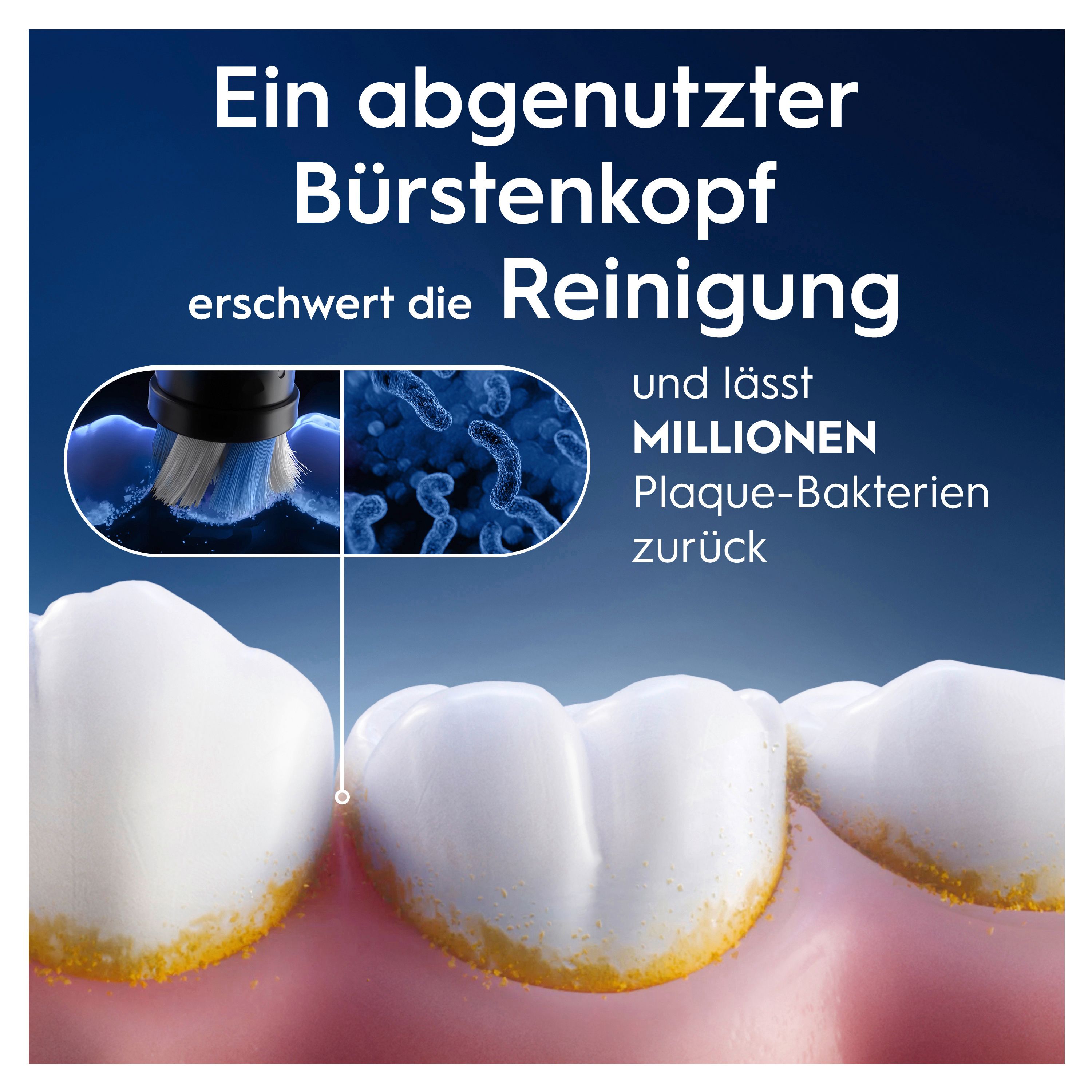 Hand hält Oral-B iO Griff, Aufsteckbürste wird gewechselt. Empfehlung alle 3 Monate.