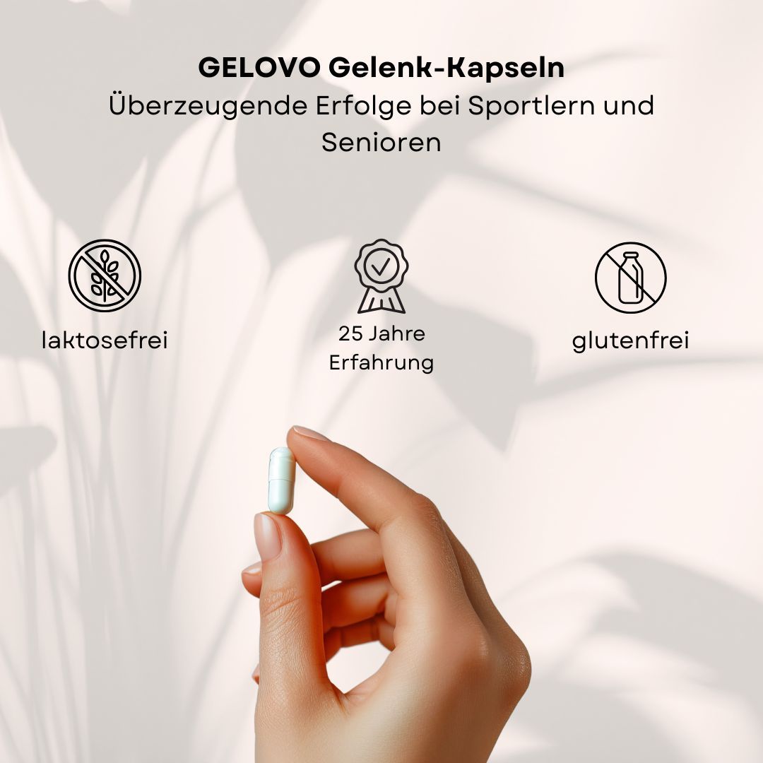 Eine Hand hält eine GELOVO Gelenk-Kapsel. Icons: laktosefrei, 25 Jahre Erfahrung, glutenfrei. Hintergrund: hell, unscharf.