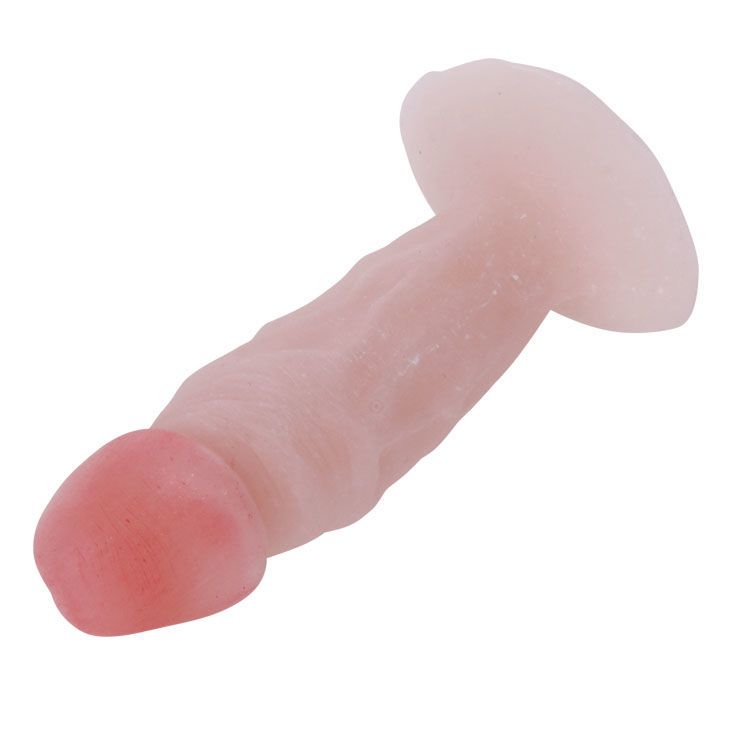 Penisformiger Plug, rosa und hellrosa. Abgewinkelte Ansicht. Mit Basis und erhabener Oberfläche.