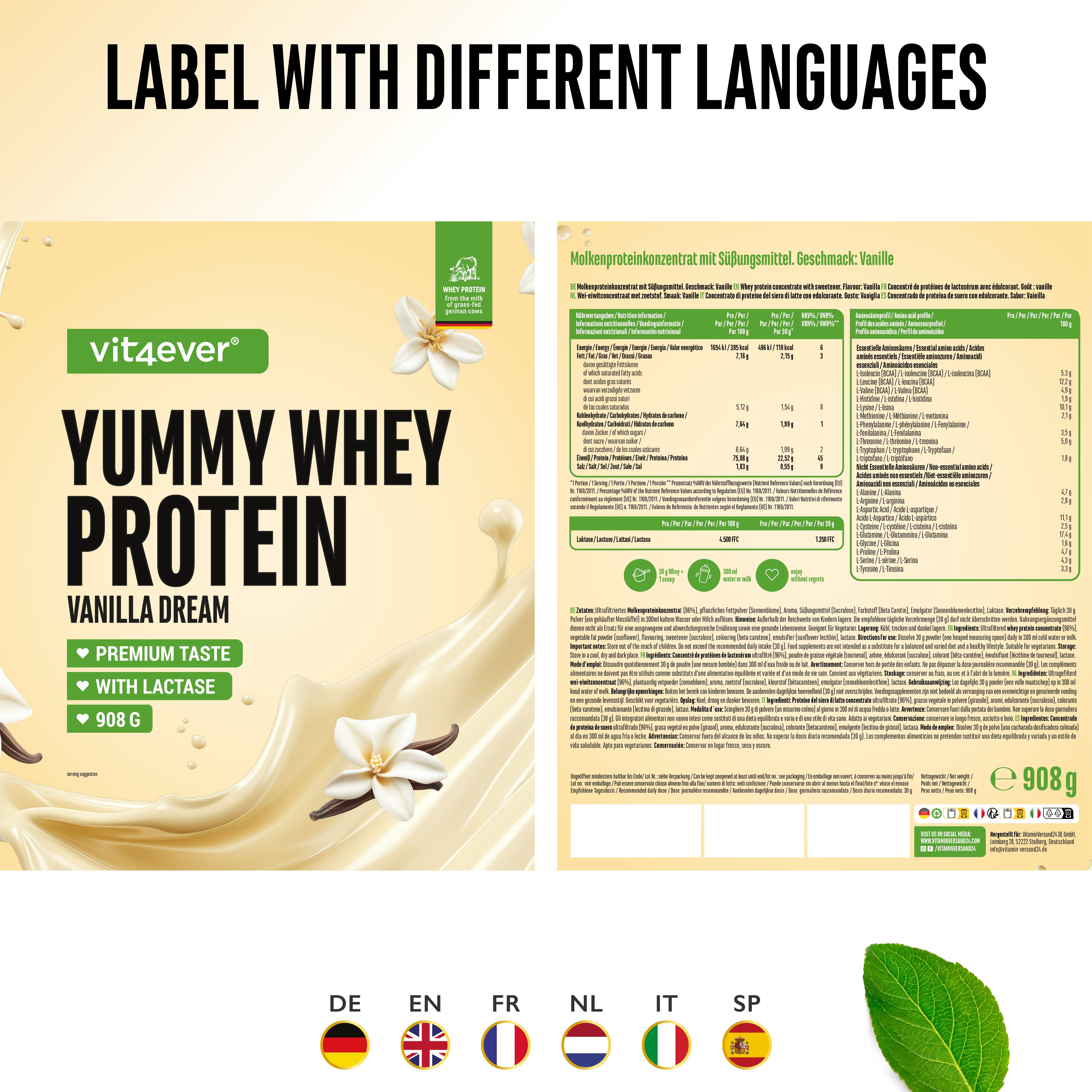 Etikett mit Yummy Whey Protein in verschiedenen Sprachen. Mit Vanilleschote und Blatt.