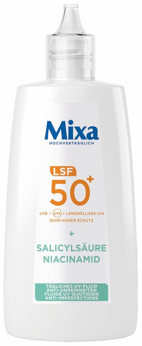 Mixa Tägliches UV Fluid LSF50+ Anti Unreinheiten. Weiße Flasche mit Text: Salicylsäure, Niacinamid. LSF 50+.
