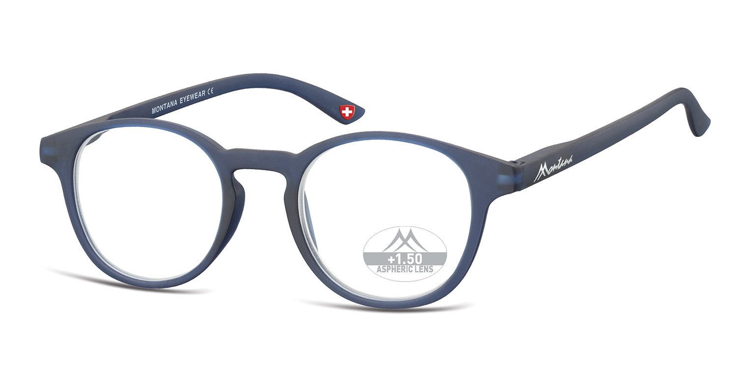 Blaue Brille mit runden Gläsern. Auf dem Glas steht +1.50. Montana Eyewear Logo und Schweizer Kreuz auf dem Bügel.