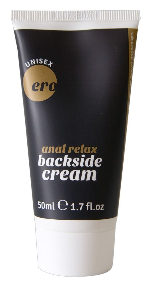 Schwarze Tube mit 'anal relax backside cream' und 'UNISEX'. Enthält 50ml.
