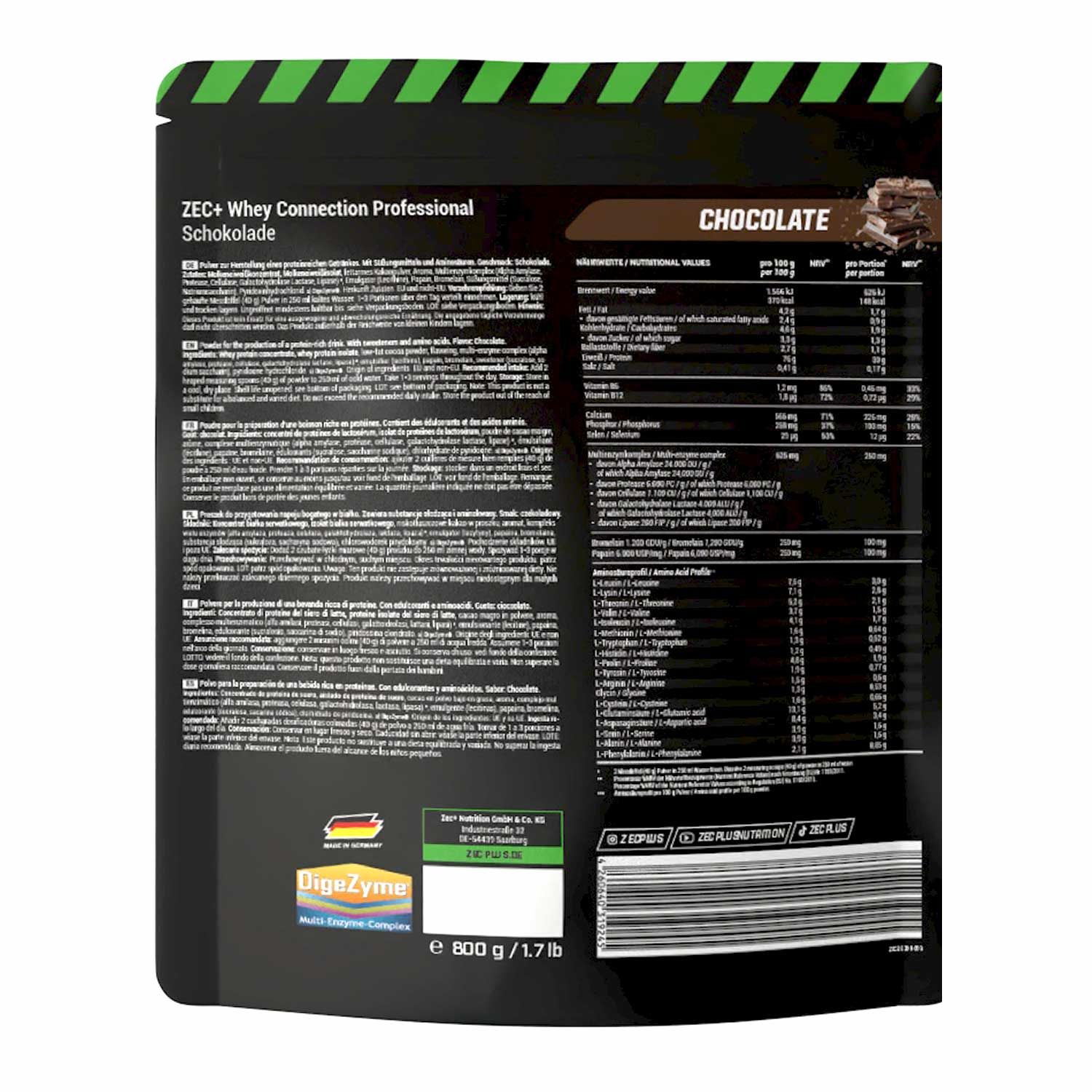 Rückseite der ZEC+ Whey Connection Professional Schokolade Verpackung. Text, Nährwertangaben und Logo.