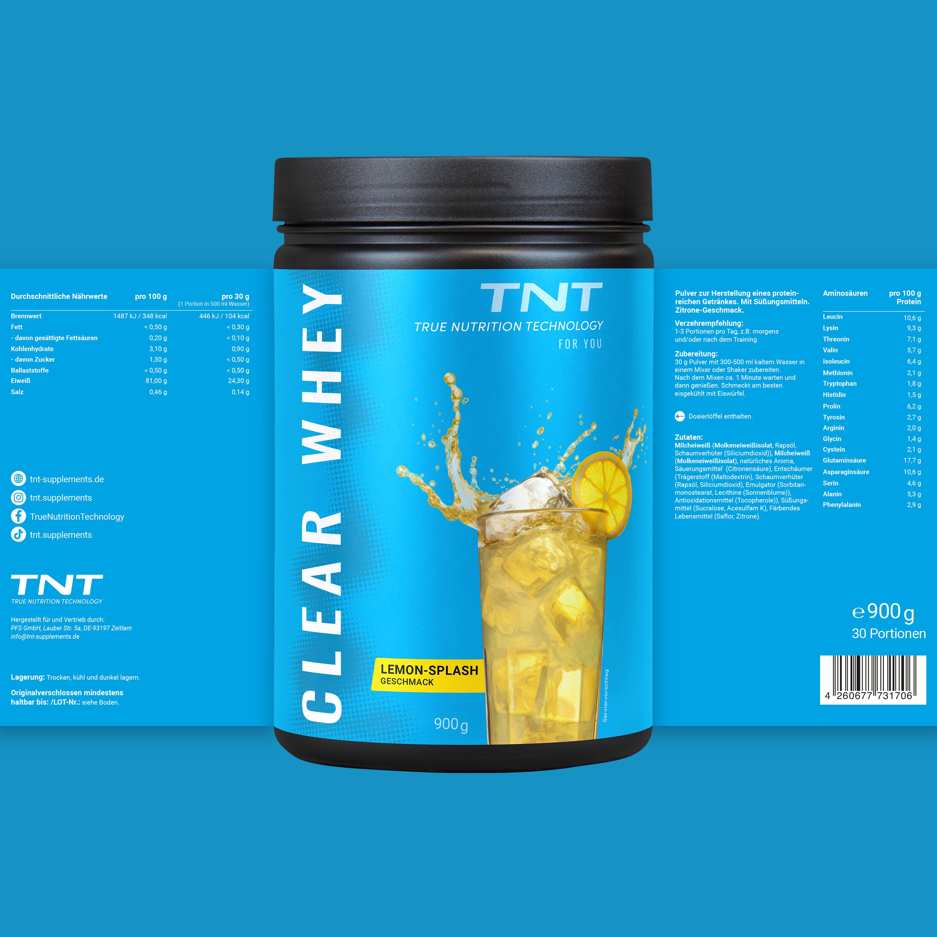 Dose TNT CLEAR WHEY mit blauem Etikett. Aufschrift: CLEAR WHEY. Nährwertangaben und 30 Portionen. Abbildung eines Getränks mit Zitrone.