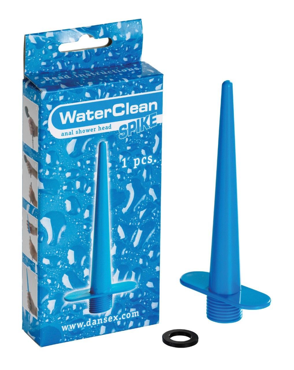 Blaue Anal-Duschkopf-Spitze von WaterClean neben der geöffneten Verpackung mit einem O-Ring.