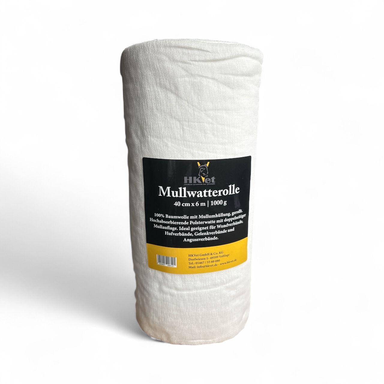 Gerollte, weiße Mullwatterolle. Aufkleber mit Produktinformationen und Logo. 40 cm x 6 m. 100% Baumwolle.