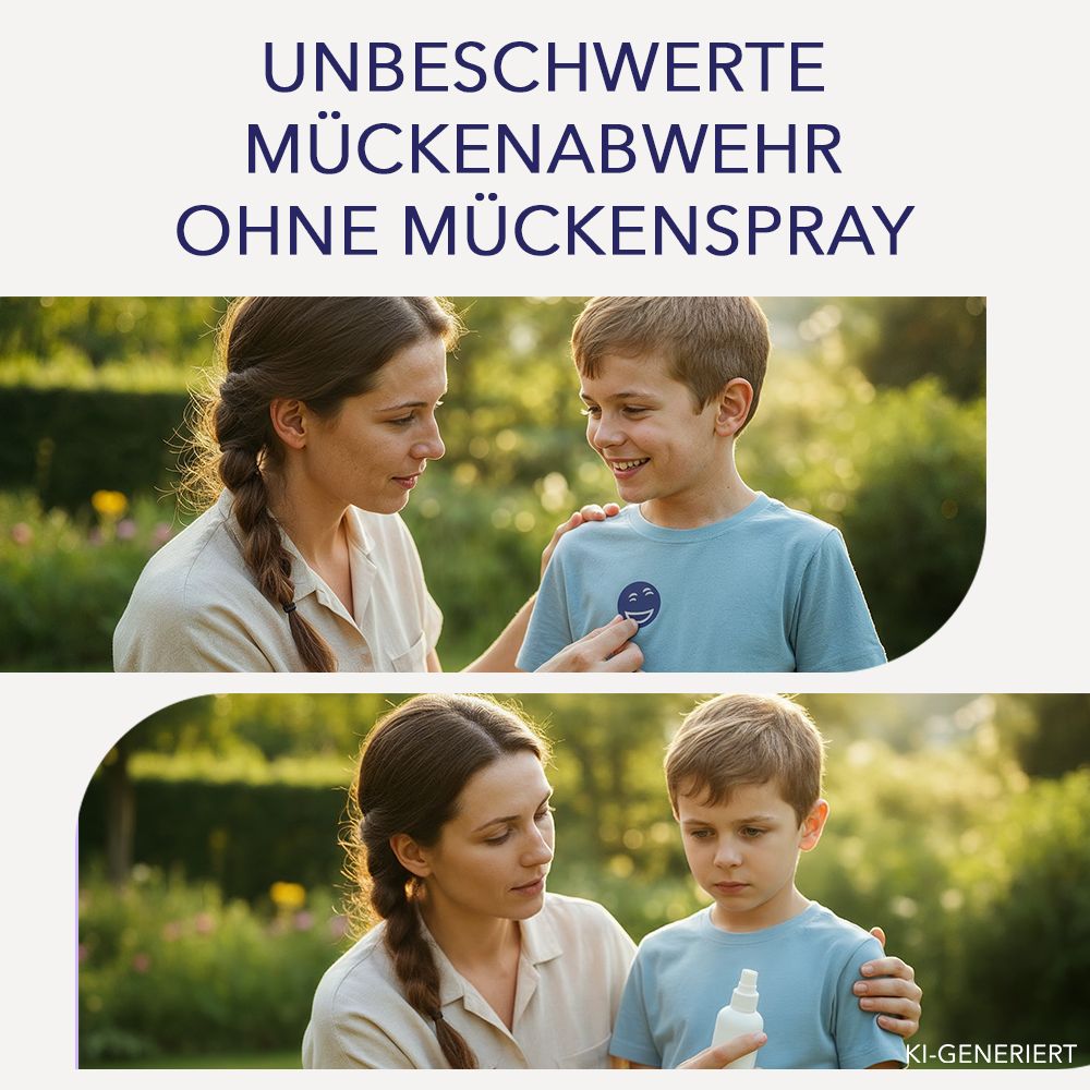 Mutter und Sohn im Freien, Kind trägt Aufkleber mit lachendem Gesicht.