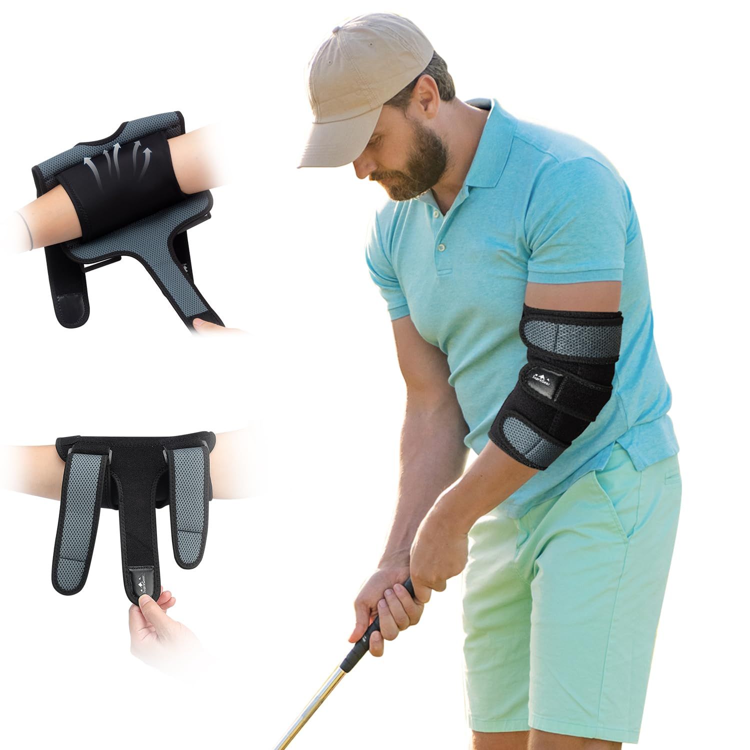 Schwarzer Ellenbogen-Stabilisator mit atmungsaktivem Material und einfacher Einstellung.