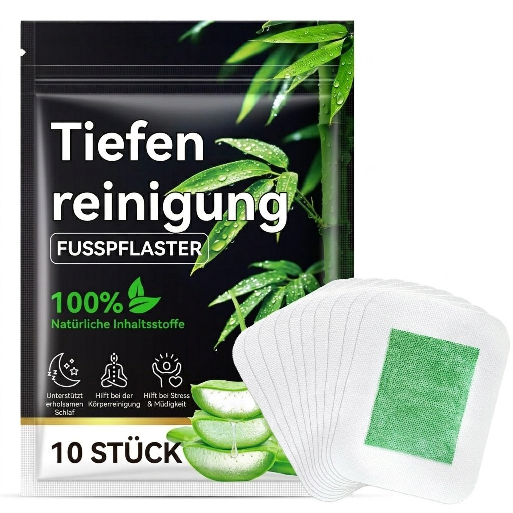 Schwarze Verpackung mit Text: Tiefenreinigung Fusspflaster. 100% natürliche Inhaltsstoffe. 10 Stück. Grün-weiße Fußpflaster.