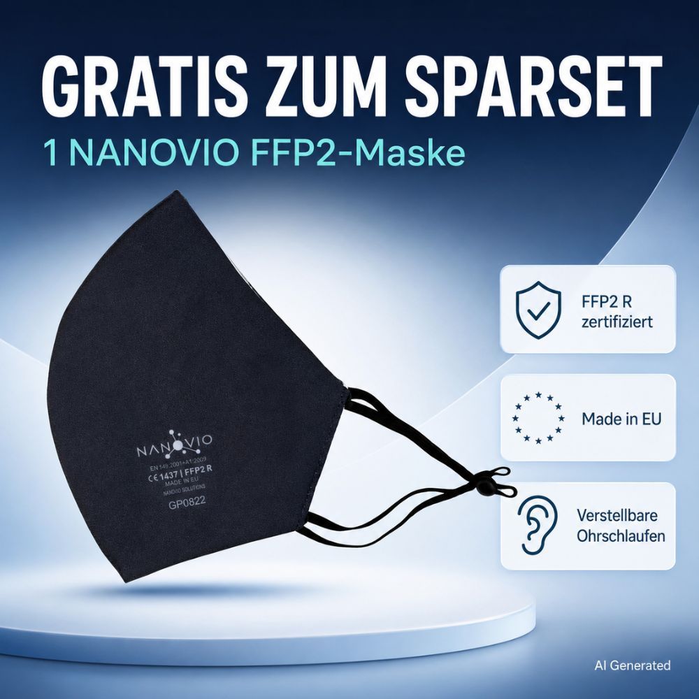 Nanovio FFP2 R Maske, Made in EU, mit verstellbaren Ohrschlaufen.