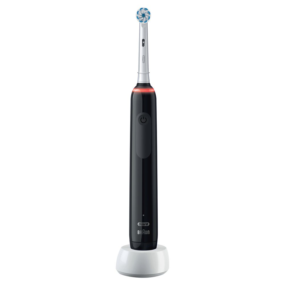 Schwarze elektrische Zahnbürste mit Ladestation. Oral-B Pro 3.