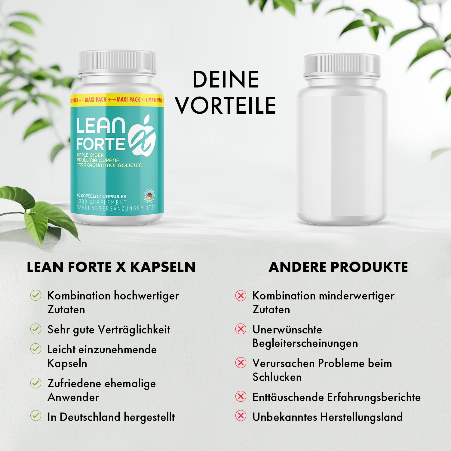 Vergleich von LEAN FORTE X Kapseln und anderen Produkten. Vorteile: hochwertige Zutaten, gute Verträglichkeit, hergestellt in Deutschland.