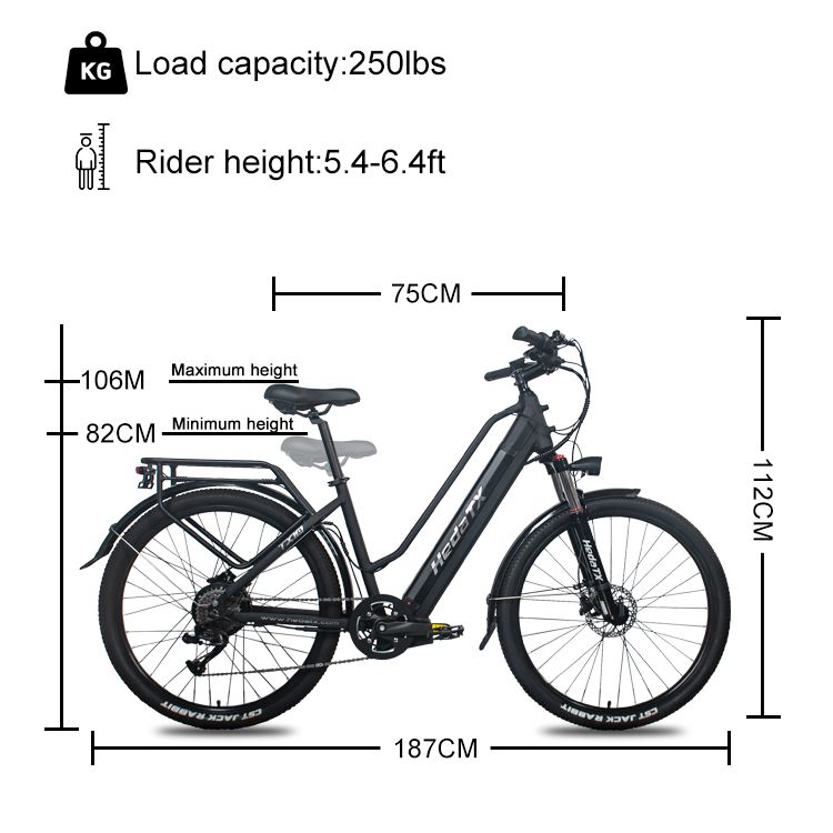 Schwarzes E-Bike mit Maßen. Maximale Höhe 112cm, Länge 187cm. Lastkapazität 250lbs. Geeignet für Fahrer von 5.4-6.4ft.