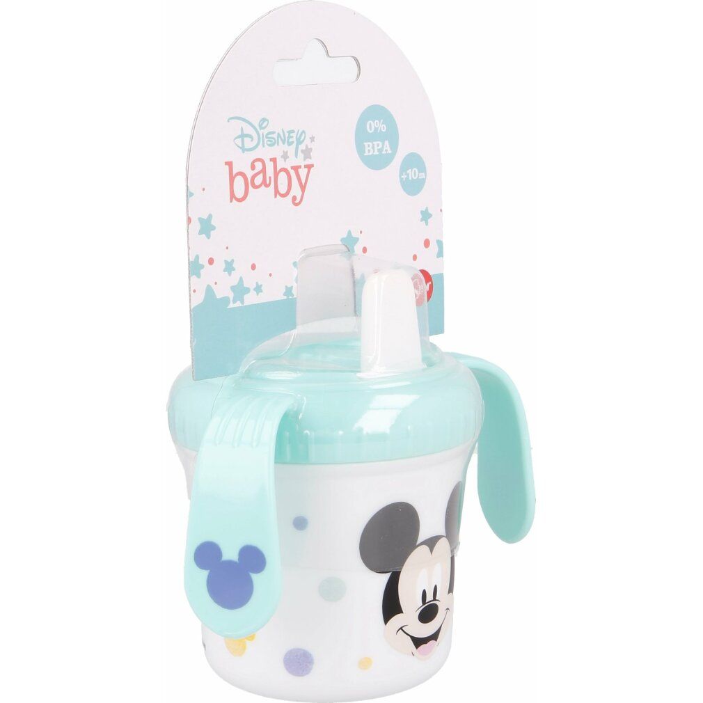 Trinkbecher mit Ohren und Mickey Mouse-Motiv. Hellblauer Deckel und Henkel. Verpackung mit Disney Baby-Logo.