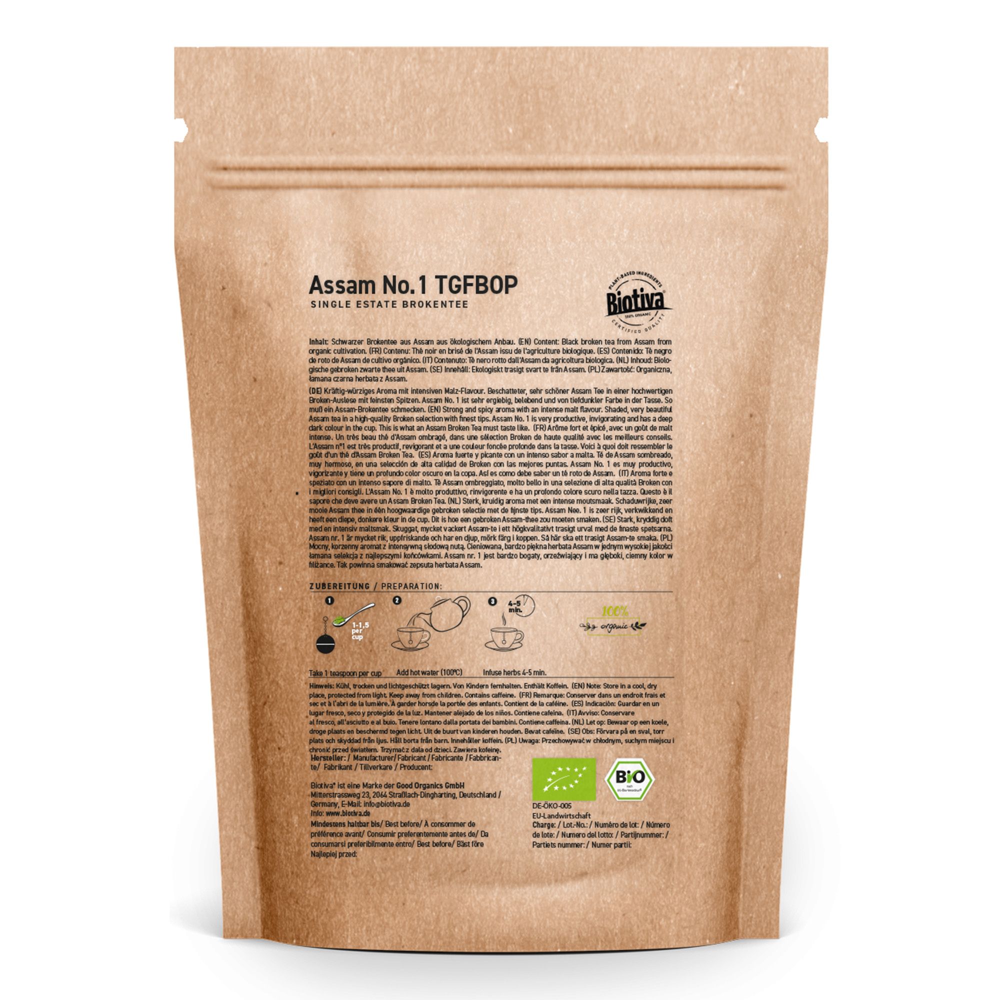 Rückseite der Tee-Verpackung. Text in mehreren Sprachen, Bio-Siegel, Zubereitungshinweise und Logo.