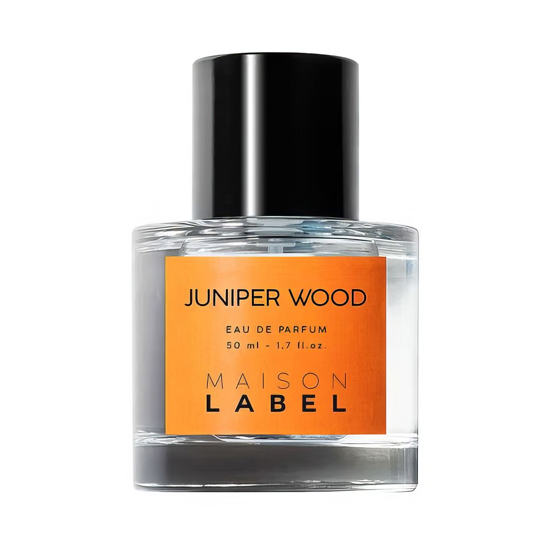Glasflakon mit schwarzem Deckel. Aufkleber mit Text: JUNIPER WOOD, Eau de Parfum, 50 ml, MAISON LABEL.