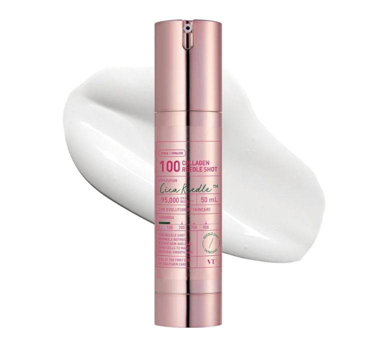 Rosafarbene Flasche mit weißer Creme. Aufschrift: Collagen REEDLE SHOT 100, Cica Reedle, 50 ml. VT-Logo.