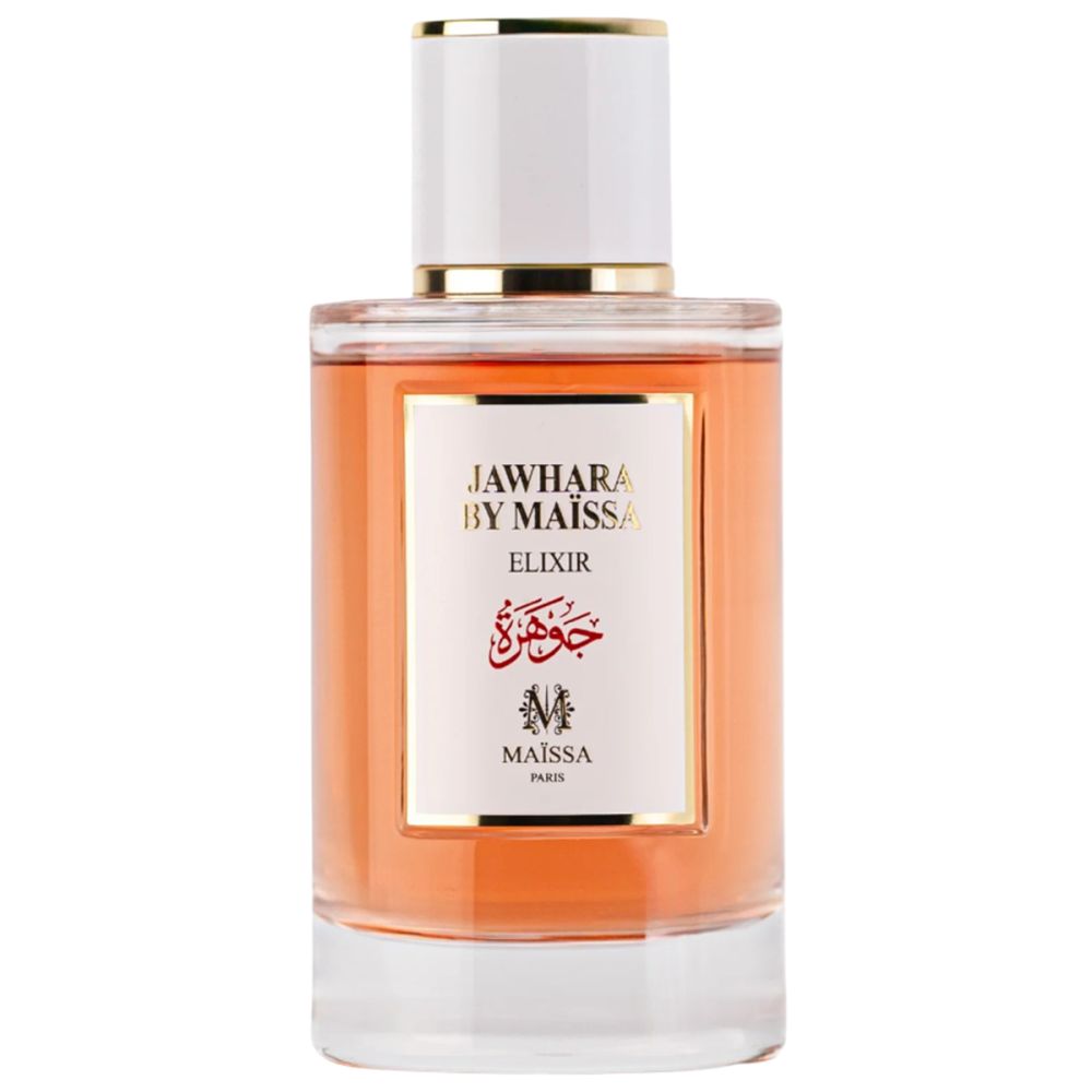 Parfümflakon mit weißem Deckel und goldener Verzierung. Auf dem Etikett steht "Jawhara by Maïssa Elixir".