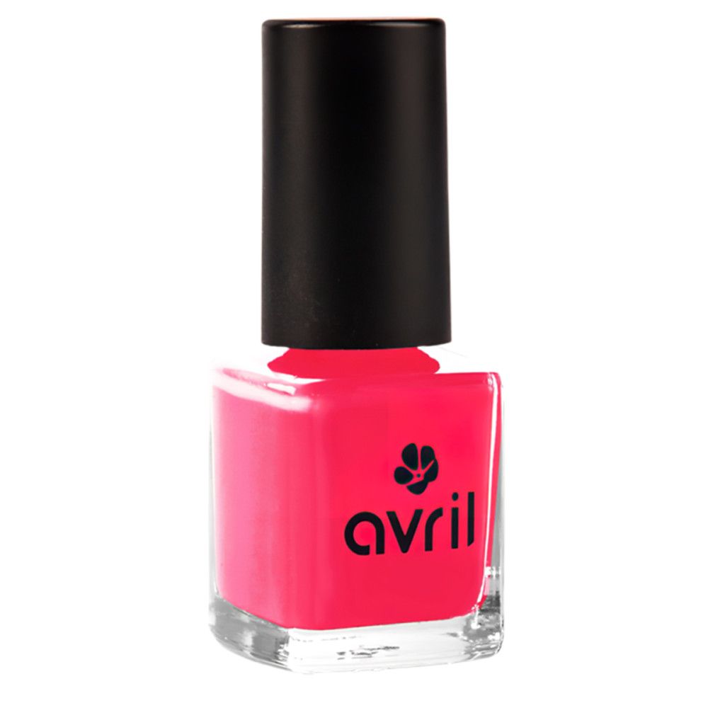 Nagellackflasche mit schwarzem Deckel. Pinker Nagellack, Markenlogo 'avril'.