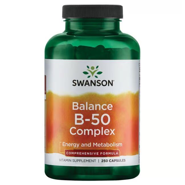 Grüne Flasche mit weißem Etikett. Aufschrift: SWANSON Balance B-50 Complex. 250 Kapseln. Vitamin-Ergänzung.