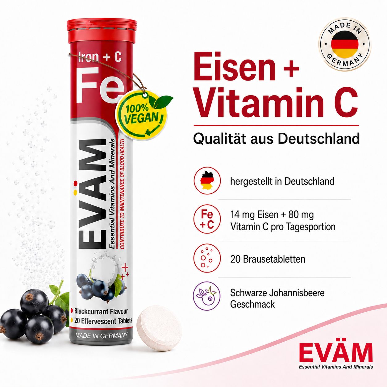 EVÄM Eisen + Vitamin C Brausetabletten, hergestellt in Deutschland, mit Nährwertangaben.